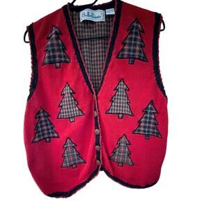 BellePoint vintage Christmas tree vest Tartan Plaid Wood Buittons